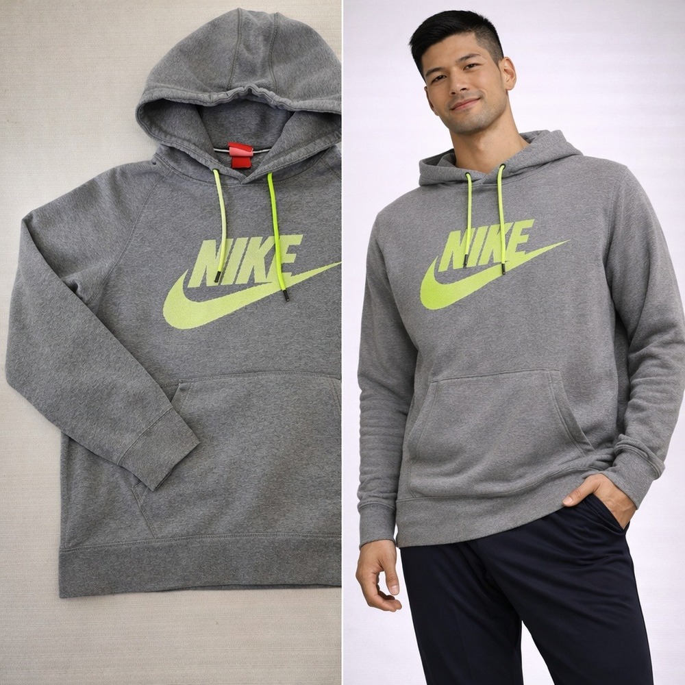 Nike Mens‎ Hoodie Gray Neon Green Logo Pullover Sweatshirt Large RN56323 677